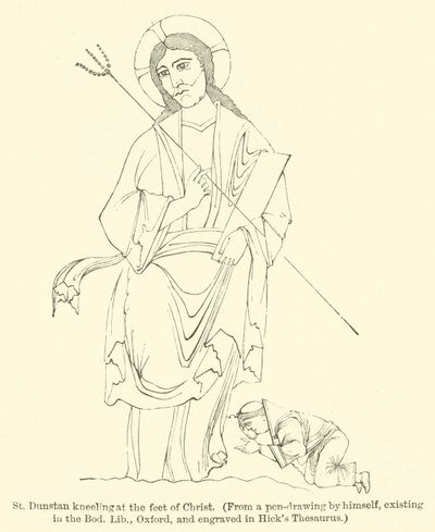 St. Dunstan Kneeling at the Feet of Christ, from a Pen-Drawing by Himself, Existing in the Bodleian Library, Oxford, and Engraved in Hick
