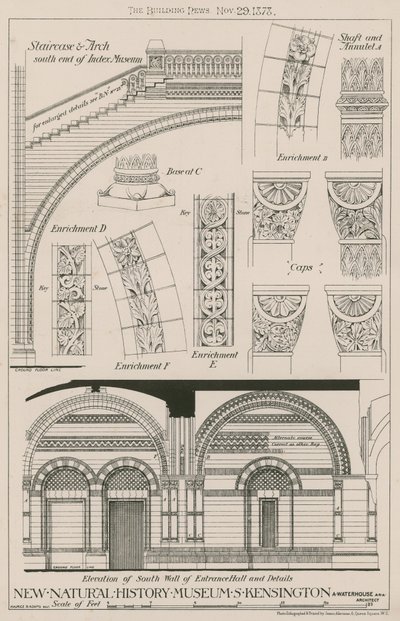 Staircase and Arch and elevation of south wall of the entrance hall of the new Natural History Museum, South Kensington by English School