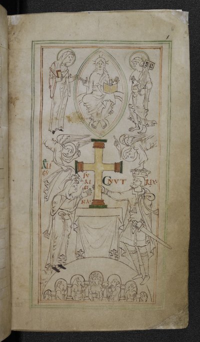 King Cnut and his Queen, Aelfgyfu, presenting a cross upon the altar of the New Minster (from 