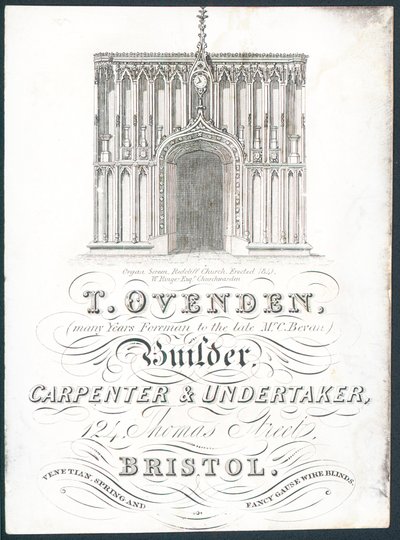 T Ovenden, Builder, Carpenter and Undertaker, Trade Card by English School