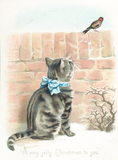 Tabby Cat Watching Finch on Wall by English School