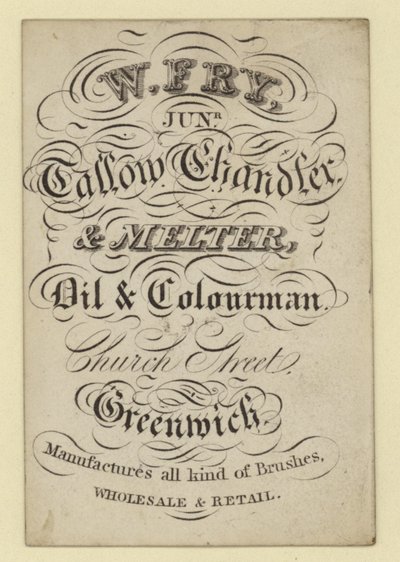W Fry Tallow Chandler and Melter, trade card by English School