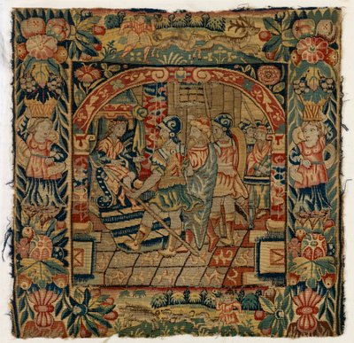 Tapestry cushion cover depicting The Elders before Daniel by English School