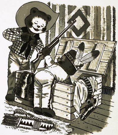 Teddy bears playing cowboys and indians by English School