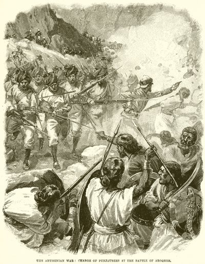 The Abyssinian War: Charge of Punjaubees at the Battle of Aroqhee by English School