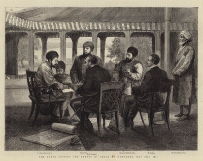 The Ameer signing the Treaty of Peace at Gandamak, 26 May 1879 by English School