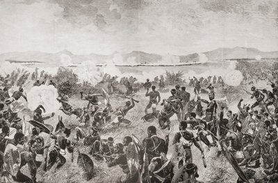 The Battle of Ulundi in 1879 showing the final rush of the Zulus and the British square in the distance, from 