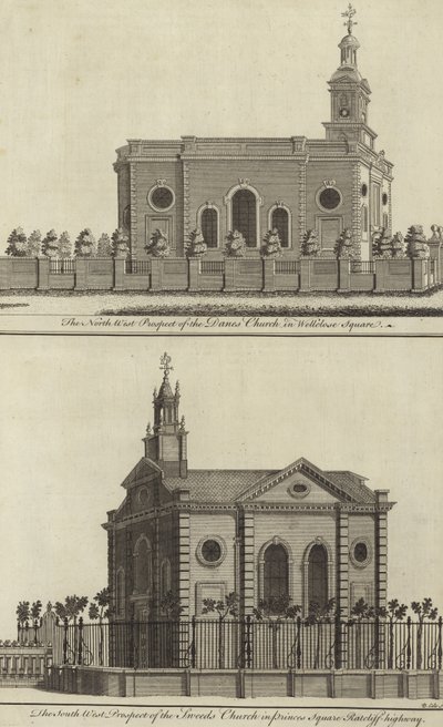 The Danes Church in Wellclose Square and the Swedes Church in Princes Square, Ratcliff Highway, London by English School