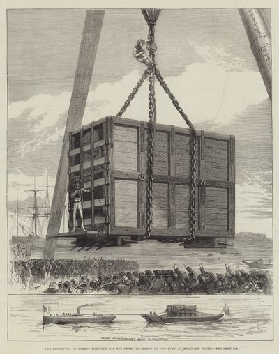 The Departure of Jumbo, Hoisting His Box from the Barge to the Quay at Millwall Docks by English School