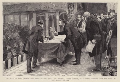 The Duke of York opening the doors of the Royal Eye Hospital, South London, by electric current from the stage of the Surrey Theatre by English School