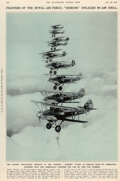 The Fastest Two-Seater Aircraft in the Country: Demons flying in echelon right-up formation, from The Illustrated London News Royal Naval and Military Number, 20th July 1935 by English School