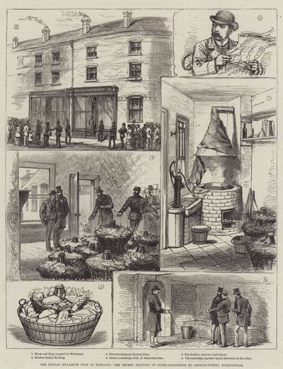 The Fenian Dynamite Plot in England, the Secret Factory of Nitro-Glycerine in Ledsam-Street, Birmingham (engraving) by English School