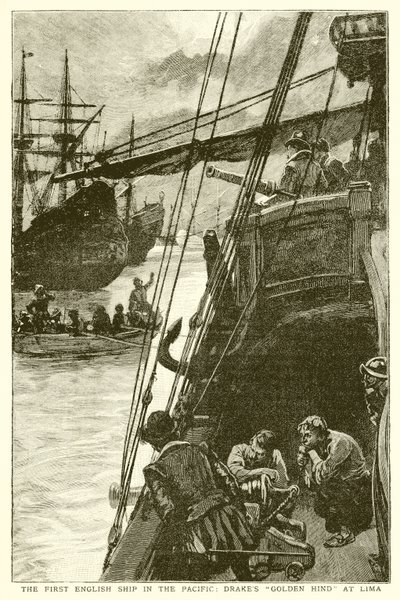 The First English Ship in the Pacific: Drakes Golden Hind at Lima by English School