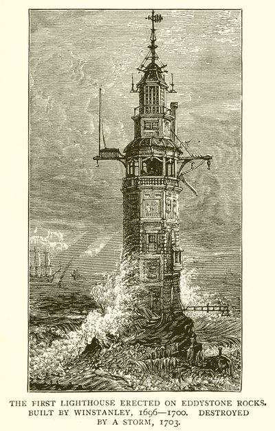 The First Lighthouse Erected on Eddystone Rocks. Built by Winstanley, 1696-1700, Destroyed by a Storm, 1703 by English School