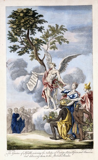 The Genius of Health receiving Europe, Asia, Africa and America and delivering them to the British Reader, 1756-1757 by English School