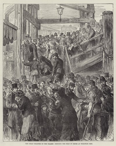 The Great Disaster on the Thames, bringing the Dead on Shore at Woolwich Pier by English School