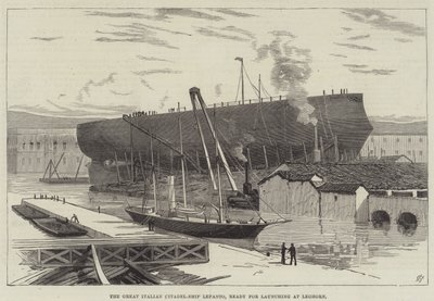 The Great Italian Citadel-Ship Lepanto, Ready for Launching at Leghorn (engraving) by English School