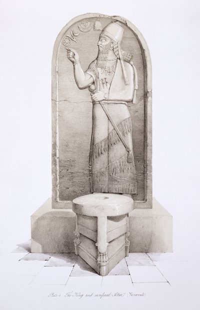 The King and Sacrificial Altar, Nimrud (plate 4) from Nineveh and its Remains by Austen Henry Layard published 1849 by English School