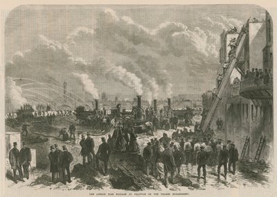 The London Fire Brigade at practice on the Thames Embankment by English School
