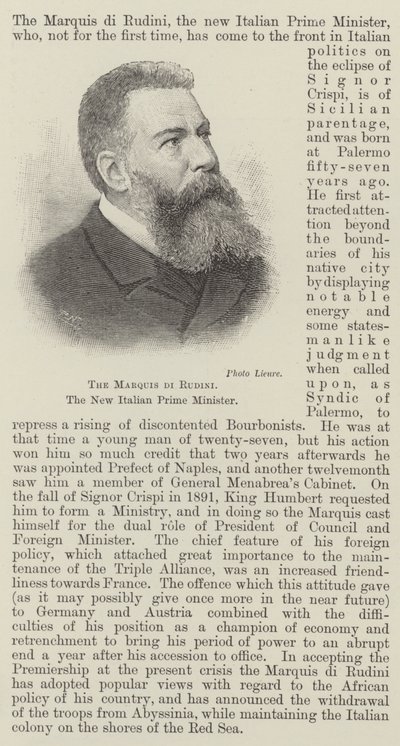 The Marquis di Rudini, the New Italian Prime Minister by English School