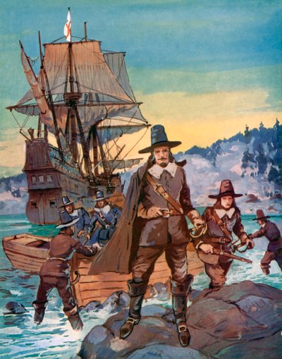 The Mayflower and the Pilgrim Fathers by English School