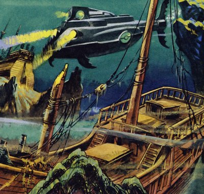 The Nautilus passed over the wrecked hulks of two French galleons by English School