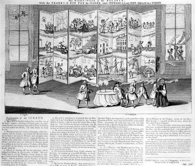 The Night Visit or the Relapse: with the Pranks of Bob Fox the Juggler while Steward to Lady Britannia, displayed on a screen, 1742 by English School