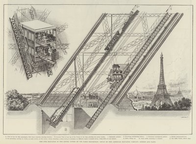 The Otis Elevator in the Eiffel Tower of the Paris Exhibition, built by the American Elevator Company, London and Paris by English School