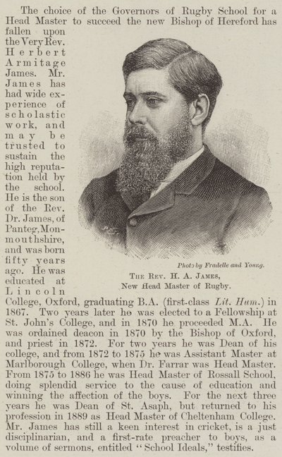The Reverend H A James, New Head Master of Rugby by English School