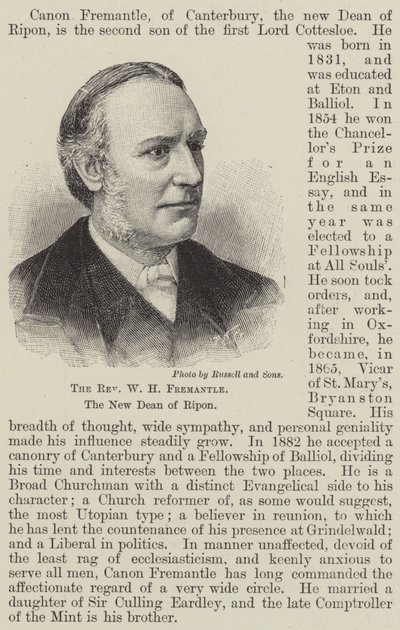 The Reverend W H Fremantle, the New Dean of Ripon by English School