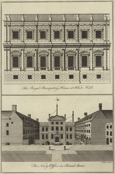 The Royal Banqueting House at Whitehall and the Navy Office in Broad Street, London by English School