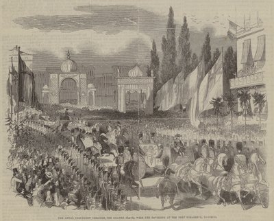 The Royal Procession through the Grande Place, with the Pavilions at the Port Scharbeck, Brussels by English School