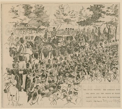 The Royal Wedding, the carriage with the bride and the Prince of Wales passing down the Mall to Buckingham Palace by English School