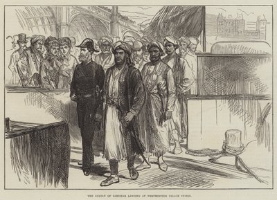 The Sultan of Zanzibar Landing at Westminster Palace Stairs by English School
