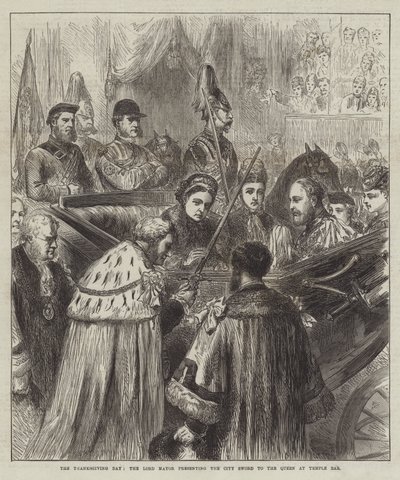 The Thanksgiving Day, the Lord Mayor presenting the City Sword to the Queen at Temple Bar by English School
