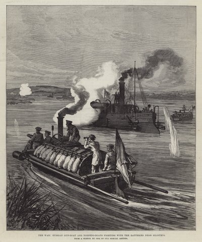 The War, Russian Gun-Boat and Torpedo-Boats fighting with the Batteries near Silistria by English School