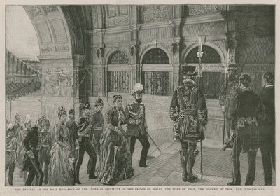 The arrival at the main entrance of the Imperial Institute of the Prince of Wales, the Duke of York, the Duchess of Teck, and Princess May by English School