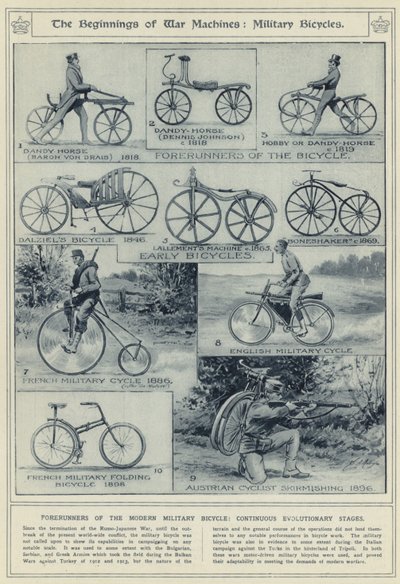 The beginnings of war machines, military bicycles, forerunners of the modern military bicycle, continuous evolutionary stages by English School
