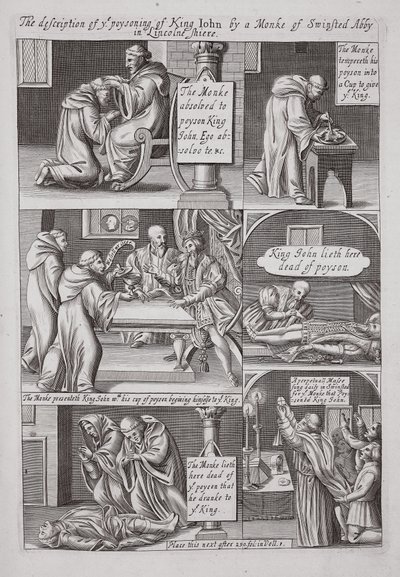 The description of the poisoning of King John by a monk of Swinstead Abbey in Lincolnshire, illustration from Acts and Monuments by John Foxe, ninth edition, pub. 1684 by English School