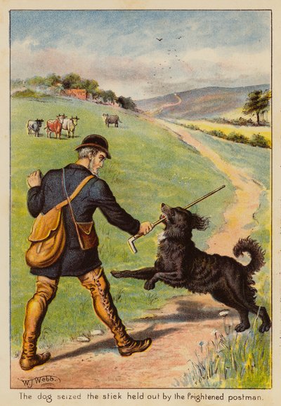 The dog seized the stick held out by the frightened postman by English School