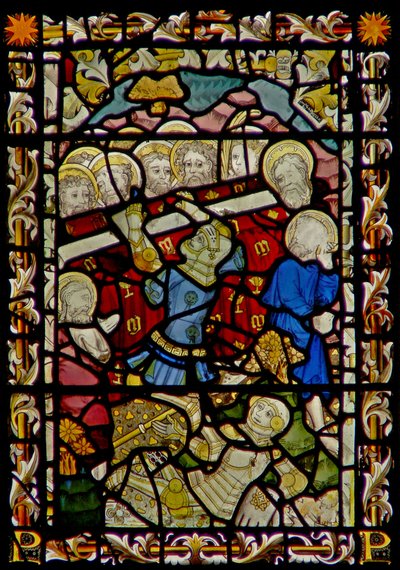 The east window depicting the Funeral of the Virgin Mary and the overturning of the coffin (the Boy from Bourges) by English School