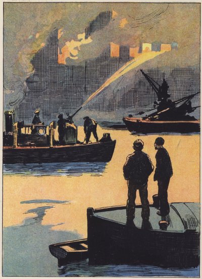 The Fire Brigade at Work on the River by English School