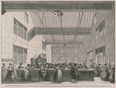 The Great Telegraphing Room at the New Offices of the Electric and International Telegraph Company by English School