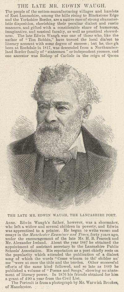 The late Mr Edwin Waugh, the Lancashire Poet by English School
