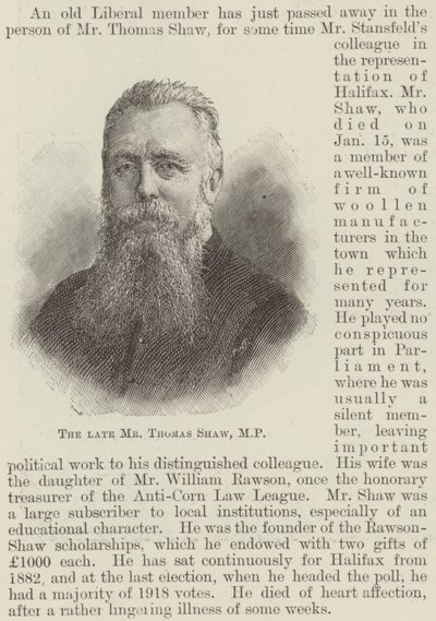 The late Mr Thomas Shaw, MP by English School