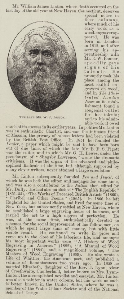 The late Mr W J Linton by English School