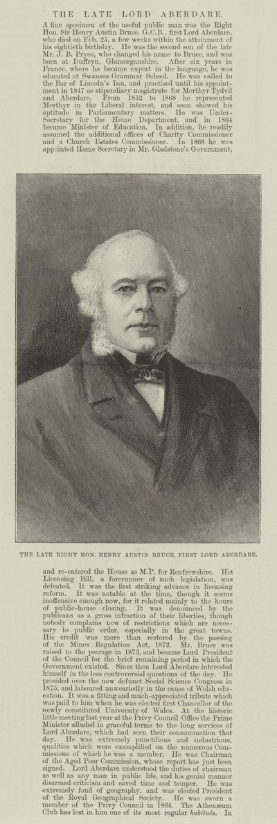 The late Right Honourable Henry Austin Bruce, First Lord Aberdare by English School