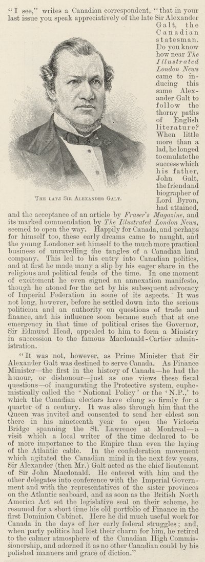 The Late Sir Alexander Galt by English School