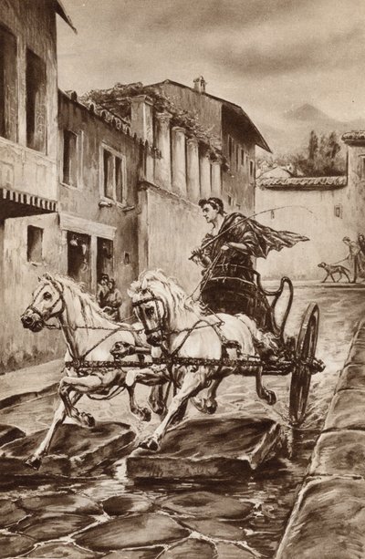The life of a street in Pompeii in the great days before the city disappeared (colour litho) by English School