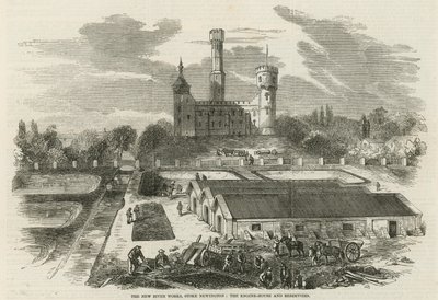 The new river works, Stoke Newington: The engine house and reservoirs by English School